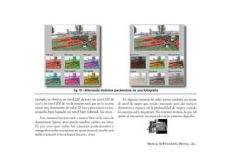 fig 10.- Alterando distintos parámetros de una fotografía

ejemplo, se obtiene un nivel 220 de rojo, un nivel 200 de        En algunas cámaras de vídeo existe también un ajuste
azul y un nivel 200 de verde interpretará que en la escena   de nivel de negro que resulta necesario para dar matices
existe una dominante de valor 20 rojo y procederá a com-     distintivos y riqueza en la profundidad de negros cuando
pensarla, bien bajando ese nivel, bien subiendo los otros.   las escenas así lo requieren. No tenemos noticia de que tal
                                                             ajuste se encuentre incorporado en las cámaras digitales.
    Este sistema funciona más o menos bien en la casos de
dominantes ligeras, pero puede resultar caótico en otros.
Es por esto que todas las cámaras profesionales o
semiprofesionales incorporan un ajuste manual, mucho más
fiable y versátil si recordamos hacerlo, claro.

                                                                                   MANUAL DE FOTOGRAFÍA DIGITAL - 22 -
 