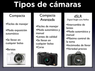 Tipos de cámaras
   Compacta             Compacta                   dSLR
                        Avanzada            Digital Single Lens Reﬂex

•Fáciles de manejar                         •Intercambio de
                      •Fáciles de manejar   lentes
•Modo exposición      •Modo automático y    •Modo automático y
automático            manual
                                            manual
                      •Lentes de calidad    •Máximo control de
•Se llevan en         •Se llevan en         la toma
cualquier bolso       cualquier bolso
                                            •Incómodas de llevar
                      •Caras                •Variedad precios
•Baratas
 