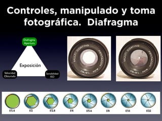 Controles, manipulado y toma
    fotográfica. Diafragma
             Diafragma
             Apertura




            Exposición
Velocidad                Sensibilidad
Obturado                    ISO
 
