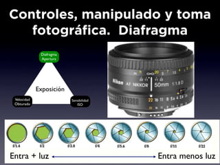 Controles, manipulado y toma
   fotográfica. Diafragma
              Diafragma
              Apertura




             Exposición
 Velocidad                Sensibilidad
 Obturado                    ISO




Entra + luz                              Entra menos luz
 