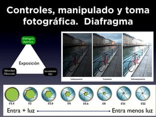 Controles, manipulado y toma
    fotográfica. Diafragma
             Diafragma
             Apertura




            Exposición
Velocidad                Sensibilidad
Obturado                    ISO




  Entra + luz                           Entra menos luz
 