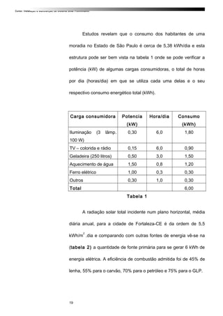 Curso: Instalação e Manutenção de Sistema Solar Fotovoltaico.
Estudos revelam que o consumo dos habitantes de uma
moradia no Estado de São Paulo é cerca de 5,38 kWh/dia e esta
estrutura pode ser bem vista na tabela 1 onde se pode verificar a
potência (kW) de algumas cargas consumidoras, o total de horas
por dia (horas/dia) em que se utiliza cada uma delas e o seu
respectivo consumo energético total (kWh).
Carga consumidora Potencia
(kW)
Hora/dia Consumo
(kWh)
Iluminação (3 lâmp.
100 W)
0,30 6,0 1,80
TV – colorida e rádio 0,15 6,0 0,90
Geladeira (250 litros) 0,50 3,0 1,50
Aquecimento de água 1,50 0,8 1,20
Ferro elétrico 1,00 0,3 0,30
Outros 0,30 1,0 0,30
Total 6,00
Tabela 1
A radiação solar total incidente num plano horizontal, média
diária anual, para a cidade de Fortaleza-CE é da ordem de 5,5
kWh/m
2
.dia e comparando com outras fontes de energia vê-se na
(tabela 2) a quantidade de fonte primária para se gerar 6 kWh de
energia elétrica. A eficiência de combustão admitida foi de 45% de
lenha, 55% para o carvão, 70% para o petróleo e 75% para o GLP.
19
 