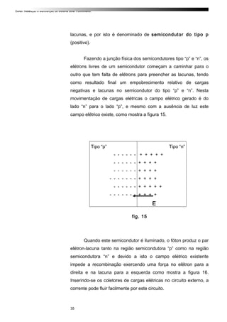 Curso: Instalação e Manutenção de Sistema Solar Fotovoltaico.
lacunas, e por isto é denominado de semicondutor do tipo p
(positivo).
Fazendo a junção física dos semicondutores tipo “p” e “n”, os
elétrons livres de um semicondutor começam a caminhar para o
outro que tem falta de elétrons para preencher as lacunas, tendo
como resultado final um empobrecimento relativo de cargas
negativas e lacunas no semicondutor do tipo “p” e “n”. Nesta
movimentação de cargas elétricas o campo elétrico gerado é do
lado “n” para o lado “p”, e mesmo com a ausência de luz este
campo elétrico existe, como mostra a figura 15.
Tipo “p”
- - - - - -
- - - - - -
- - - - - -
- - - - - - -
- - - - - -
- - - - - - -
Tipo “n”
+ + + + +
+ + + +
+ + + +
+ + + +
+ + + + +
+ + + +
E
fig. 15
Quando este semicondutor é iluminado, o fóton produz o par
elétron-lacuna tanto na região semicondutora “p” como na região
semicondutora “n” e devido a isto o campo elétrico existente
impede a recombinação exercendo uma força no elétron para a
direita e na lacuna para a esquerda como mostra a figura 16.
Inserindo-se os coletores de cargas elétricas no circuito externo, a
corrente pode fluir facilmente por este circuito.
35
 