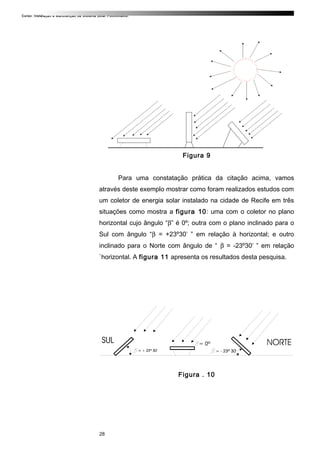 Curso: Instalação e Manutenção de Sistema Solar Fotovoltaico.
Figura 9
Para uma constatação prática da citação acima, vamos
através deste exemplo mostrar como foram realizados estudos com
um coletor de energia solar instalado na cidade de Recife em três
situações como mostra a figura 10: uma com o coletor no plano
horizontal cujo ângulo “β” é 0º; outra com o plano inclinado para o
Sul com ângulo “β = +23º30’ ” em relação à horizontal; e outro
inclinado para o Norte com ângulo de “ β = -23º30’ ” em relação
`horizontal. A figura 11 apresenta os resultados desta pesquisa.
Figura . 10
28
 