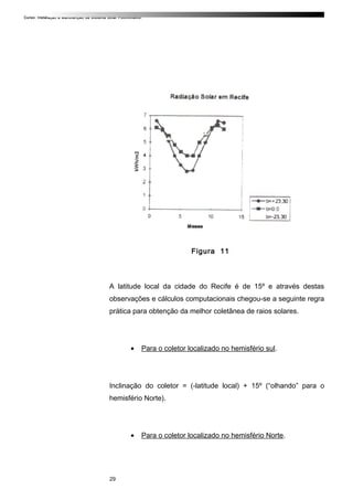 Curso: Instalação e Manutenção de Sistema Solar Fotovoltaico.
Figura 11
A latitude local da cidade do Recife é de 15º e através destas
observações e cálculos computacionais chegou-se a seguinte regra
prática para obtenção da melhor coletânea de raios solares.
• Para o coletor localizado no hemisfério sul.
Inclinação do coletor = (-latitude local) + 15º (“olhando” para o
hemisfério Norte).
• Para o coletor localizado no hemisfério Norte.
29
 