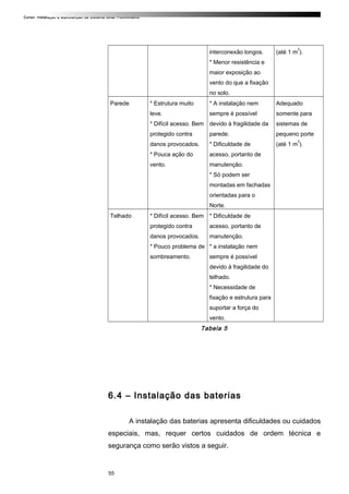 Curso: Instalação e Manutenção de Sistema Solar Fotovoltaico.
interconexão longos.
* Menor resistência e
maior exposição ao
vento do que a fixação
no solo.
(até 1 m
2
).
Parede * Estrutura muito
leve.
* Difícil acesso. Bem
protegido contra
danos provocados.
* Pouca ação do
vento.
* A instalação nem
sempre é possível
devido à fragilidade da
parede.
* Dificuldade de
acesso, portanto de
manutenção.
* Só podem ser
montadas em fachadas
orientadas para o
Norte.
Adequado
somente para
sistemas de
pequeno porte
(até 1 m
2
).
Telhado * Difícil acesso. Bem
protegido contra
danos provocados.
* Pouco problema de
sombreamento.
* Dificuldade de
acesso, portanto de
manutenção.
* a instalação nem
sempre é possível
devido à fragilidade do
telhado.
* Necessidade de
fixação e estrutura para
suportar a força do
vento.
Tabela 5
6.4 – Instalação das baterias
A instalação das baterias apresenta dificuldades ou cuidados
especiais, mas, requer certos cuidados de ordem técnica e
segurança como serão vistos a seguir.
55
 