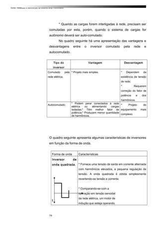 Curso: Instalação e Manutenção de Sistema Solar Fotovoltaico.
* Quando as cargas forem interligadas à rede, precisam ser
comutadas por esta, porém, quando o sistema de cargas for
autônomo deverá ser auto-comutado.
No quadro seguinte há uma apresentação das vantagens e
desvantagens entre o inversor comutado pela rede e
autocomutado.
Tipo do
inversor
Vantagem Desvantagem
Comutado pela
rede elétrica.
* Projeto mais simples. * Dependem da
existência de tensão
de rede;
* Requerem
correção do fator de
potência e dos
harmônicos.
Autocomutado.
* Podem perar conectados à rede
elétrica ou alimentando cargas
isoladas;* Têm melhor fator de
potência;* Produzem menor quantidade
de harmônicos.
* Projeto do
equipamento mais
complexo.
O quadro seguinte apresenta algumas características de inversores
em função da forma de onda.
Forma de onda Características
Inversor de
onda quadrada.
t
* Fornece uma tensão de saída em corrente alternada
com harmônicos elevados, e pequena regulação de
tensão. A onda quadrada é obtida simplesmente
revertendo-se tensão e corrente.
* Comparando-se com a
operação em tensão senoidal
da rede elétrica, um motor de
indução que esteja operando
74
 