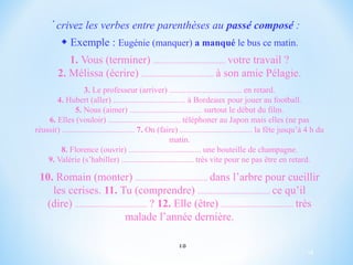 crivez les verbes ́ entre parenthèses au passé composé : 
◆ Exemple : Eugénie (manquer) a manqué le bus ce matin. 
1. Vous (terminer) ................................... votre travail ? 
2. Mélissa (écrire) ................................... à son amie Pélagie. 
3. Le professeur (arriver) ................................... en retard. 
4. Hubert (aller) ................................... à Bordeaux pour jouer au football. 
5. Nous (aimer) ................................... surtout le début du film. 
6. Elles (vouloir) ................................... téléphoner au Japon mais elles (ne pas 
réussir) ................................... 7. On (faire) ................................... la fête jusqu’à 4 h du 
matin. 
8. Florence (ouvrir) ................................... une bouteille de champagne. 
9. Valérie (s’habiller) ................................... très vite pour ne pas être en retard. 
10. Romain (monter) ................................... dans l’arbre pour cueillir 
les cerises. 11. Tu (comprendre) ................................... ce qu’il 
(dire) ................................... ? 12. Elle (être) ................................... très 
malade l’année dernière. 
18 
18 
