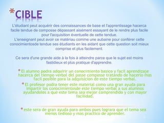 L'étudiant peut acquérir des connaissances de base et l'apprentissage hacerca 
facile tendue de composse dépassant aisément essayant de le rendre plus facile 
pour l'acquisition éventuelle de cette tendue. 
L'enseignant peut avoir ce matériau comme une aubaine pour conférer cette 
conocimientosde tendue ses étudiants en les aidant que cette question soit mieux 
comprise et plus facilement. 
Ce sera d'une grande aide à la fois à atteindre parce que le sujet est moins 
fastidieux et plus pratique d'apprendre. 
* El alumno podra adquirir un conocimiento basico y facil aprendizaje 
hacerca del tiempo verbal del passe composse tratando de hacerlo mas 
3 
facil posible para la adquisicion de este tiempo verbal. 
* El profesor podra tener este material como una gran ayuda para 
impartir los conocimientosde este tiempo verbal a sus alumnos 
ayudandolos a que este tema sea mejor comprendido y con mayor 
facilidad. 
* este sera de gran ayuda para ambos pues lograra que el tema sea 
menos tedioso y mas practico de aprender. 
 