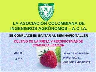 LA ASOCIACIÓN COLOMBIANA DE INGENIEROS AGRÓNOMOS – A.C.I.A. SE COMPLACE EN INVITAR AL SEMINARIO TALLER CULTIVO DE LA FRESA Y PERSPECTIVAS DE COMERCIALIZACIÓN JULIO 3 Y 4 SENA DE MOSQUERA PRÁCTICAS EN  CORPOICA -TIBAITATÁ 
