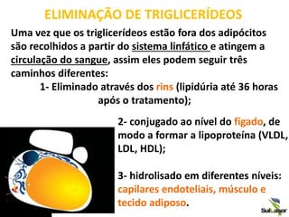 ELIMINAÇÃO DE TRIGLICERÍDEOS
Uma vez que os triglicerídeos estão fora dos adipócitos
são recolhidos a partir do sistema linfático e atingem a
circulação do sangue, assim eles podem seguir três
caminhos diferentes:
1- Eliminado através dos rins (lipidúria até 36 horas
após o tratamento);
2- conjugado ao nível do fígado, de
modo a formar a lipoproteína (VLDL,
LDL, HDL);
3- hidrolisado em diferentes níveis:
capilares endoteliais, músculo e
tecido adiposo.
 