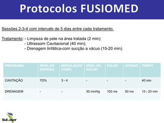 Protocolos FUSIOMED
Sessões 2-3-4 com intervalo de 5 dias entre cada tratamento.
Tratamento: - Limpeza de pele na área tratada (2 min);
- Ultrassom Cavitacional (40 min);
- Drenagem linfática-com sucção a vácuo (15-20 min).
PROGRAMA NÍVEL DE
ENERGIA
MODULAÇÃO
(FASE)
NÍVEL DE
VÁCUO
PULSO ATRASO TEMPO
CAVITAÇÃO 7O% 3 - 4 - - - 40 min
DRENAGEM - - 30 mmHg 100 ms 50 ms 15 - 20 min
 