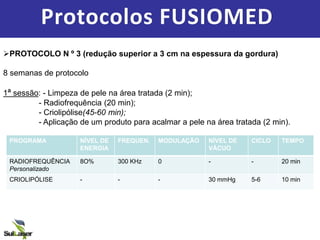 Protocolos FUSIOMED
PROTOCOLO N º 3 (redução superior a 3 cm na espessura da gordura)
8 semanas de protocolo
1ª sessão: - Limpeza de pele na área tratada (2 min);
- Radiofrequência (20 min);
- Criolipólise(45-60 min);
- Aplicação de um produto para acalmar a pele na área tratada (2 min).
PROGRAMA NÍVEL DE
ENERGIA
FREQUEN. MODULAÇÃO NÍVEL DE
VÁCUO
CICLO TEMPO
RADIOFREQUÊNCIA
Personalizado
8O% 300 KHz 0 - - 20 min
CRIOLIPÓLISE - - - 30 mmHg 5-6 10 min
 