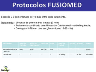 Protocolos FUSIOMED
Sessões 2-9 com intervalo de 10 dias entre cada tratamento.
Tratamento: - Limpeza de pele na área tratada (2 min);
- Tratamento combinado com Ultrassom Cavitacional + radiofrequência;
- Drenagem linfática - com sucção a vácuo (15-20 min).
PROGRAMA NÍVEL DE
ENERGIA
NÍVEL DE
CAVITAÇÃO
FREQUEN. FASE NÍVEL DE
VÁCUO
PULSO ATRASO TEMPO
RADIOFREQUÊNCIA
CAV + RF
8O% 80 W 300 KHz CW - - - 20 min
DRENAGEM - - - - 30 mmHg 1 50 MS 15-20 min
 