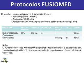Protocolos FUSIOMED
10 sessão: - Limpeza de pele na área tratada (2 min);
- Radiofrequência (20 min);
- Criolipólise(45-60 min);
- Aplicação de um produto para acalmar a pele na área tratada (2 min).
PROGRAMA NÍVEL DE
ENERGIA
FREQUEN. MODULAÇÃO NÍVEL DE
VÁCUO
CICLO TEMPO
RADIOFREQUÊNCIA
Personalizado
8O% 300 KHz 0 - - 20 min
CRIOLIPÓLISE - - - 30 mmHg 5-6 10 min
Notas:
O número de sessões (Ultrassom Cavitacional + radiofrequência) é estabelecida em
função da complexidade do problema do paciente, sugerimos um número mínimo de
6 sessões.
 