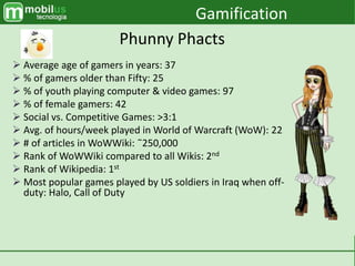  Average age of gamers in years: 37
 % of gamers older than Fifty: 25
 % of youth playing computer & video games: 97
 % of female gamers: 42
 Social vs. Competitive Games: >3:1
 Avg. of hours/week played in World of Warcraft (WoW): 22
 # of articles in WoWWiki: ˜250,000
 Rank of WoWWiki compared to all Wikis: 2nd
 Rank of Wikipedia: 1st
 Most popular games played by US soldiers in Iraq when off-
duty: Halo, Call of Duty
Gamification
Phunny Phacts
 