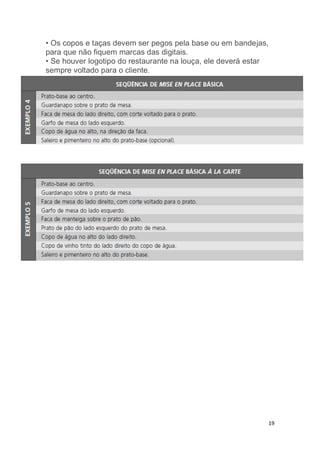 19
• Os copos e taças devem ser pegos pela base ou em bandejas,
para que não fiquem marcas das digitais.
• Se houver logotipo do restaurante na louça, ele deverá estar
sempre voltado para o cliente.
 