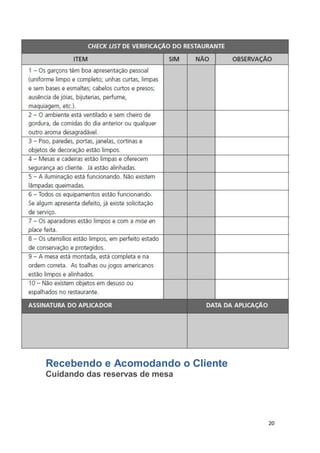 20
Recebendo e Acomodando o Cliente
Cuidando das reservas de mesa
 