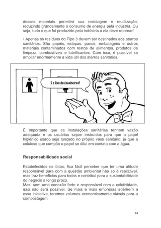 62
desses materiais permitirá sua reciclagem e reutilização,
reduzindo grandemente o consumo de energia pela indústria. Ou
seja, tudo o que foi produzido pela indústria a ela deve retornar!
• Apenas os resíduos do Tipo 3 devem ser destinados aos aterros
sanitários. São papéis, estopas, panos, embalagens e outros
materiais contaminados com restos de alimentos, produtos de
limpeza, combustíveis e lubrificantes. Com isso, é possível se
ampliar enormemente a vida útil dos aterros sanitários.
É importante que as instalações sanitárias tenham vazão
adequada e os usuários sejam instruídos para que o papel
higiênico usado seja lançado no próprio vaso sanitário, já que a
celulose que compõe o papel se dilui em contato com a água.
Responsabilidade social
Estabelecidos os fatos, fica fácil perceber que ter uma atitude
responsável para com a questão ambiental não só é realizável,
mas traz benefícios para todos e contribui para a sustentabilidade
do negócio a longo prazo.
Mas, sem uma conexão forte e responsável com a coletividade,
isso não será possível. Se mais e mais empresas aderirem a
essa iniciativa, teremos volumes economicamente viáveis para a
compostagem.
 