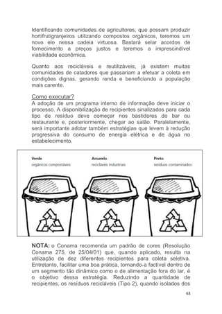 63
Identificando comunidades de agricultores, que possam produzir
hortifrutigranjeiros utilizando compostos orgânicos, teremos um
novo elo nessa cadeia virtuosa. Bastará selar acordos de
fornecimento a preços justos e teremos a imprescindível
viabilidade econômica.
Quanto aos recicláveis e reutilizáveis, já existem muitas
comunidades de catadores que passariam a efetuar a coleta em
condições dignas, gerando renda e beneficiando a população
mais carente.
Como executar?
A adoção de um programa interno de informação deve iniciar o
processo. A disponibilização de recipientes sinalizados para cada
tipo de resíduo deve começar nos bastidores do bar ou
restaurante e, posteriormente, chegar ao salão. Paralelamente,
será importante adotar também estratégias que levem à redução
progressiva do consumo de energia elétrica e de água no
estabelecimento.
NOTA: o Conama recomenda um padrão de cores (Resolução
Conama 275, de 25/04/01) que, quando aplicado, resulta na
utilização de dez diferentes recipientes para coleta seletiva.
Entretanto, facilitar uma boa prática, tornando-a factível dentro de
um segmento tão dinâmico como o de alimentação fora do lar, é
o objetivo dessa estratégia. Reduzindo a quantidade de
recipientes, os resíduos recicláveis (Tipo 2), quando isolados dos
 