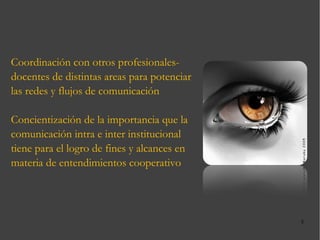 Coordinación con otros profesionales-docentes de distintas areas para potenciar las redes y flujos de comunicación Concientización de la importancia que la comunicación intra e inter institucional tiene para el logro de fines y alcances en materia de entendimientos cooperativo 