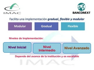 Nivel Inicial Nivel
Intermedio
Nivel Avanzado
Depende del avance de la institución y es escalable
Niveles de Implementación:
 