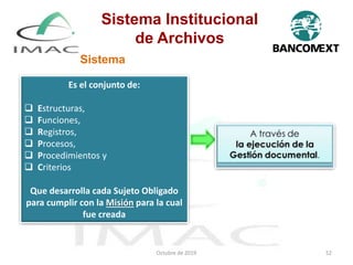 Sistema Institucional
de Archivos
Sistema
Es el conjunto de:
 Estructuras,
 Funciones,
 Registros,
 Procesos,
 Procedimientos y
 Criterios
Que desarrolla cada Sujeto Obligado
para cumplir con la Misión para la cual
fue creada
Octubre de 2019 52
 