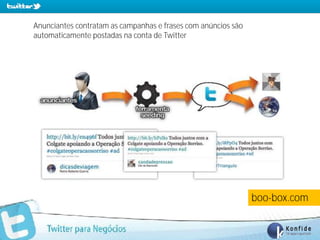 Anunciantes contratam as campanhas e frases com anúncios são
automaticamente postadas na conta de Twitter




                                                               boo-box.com

   www.fernandosouza.com.br
 