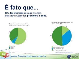 É fato que...
86% das empresas que não investem,
pretendem investir nos próximos 3 anos.




                                          2010 Deloitte - Mídias sociais nas empresas



     www.fernandosouza.com.br
 