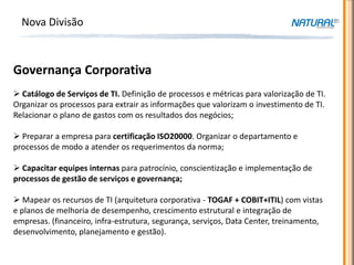 Nova Divisão



Governança Corporativa
 Catálogo de Serviços de TI. Definição de processos e métricas para valorização de TI.
Organizar os processos para extrair as informações que valorizam o investimento de TI.
Relacionar o plano de gastos com os resultados dos negócios;

 Preparar a empresa para certificação ISO20000. Organizar o departamento e
processos de modo a atender os requerimentos da norma;

 Capacitar equipes internas para patrocínio, conscientização e implementação de
processos de gestão de serviços e governança;

 Mapear os recursos de TI (arquitetura corporativa - TOGAF + COBIT+ITIL) com vistas
e planos de melhoria de desempenho, crescimento estrutural e integração de
empresas. (financeiro, infra-estrutura, segurança, serviços, Data Center, treinamento,
desenvolvimento, planejamento e gestão).
 