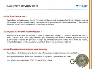 Assessment serviços de TI


AVALIAÇÃO DA UTILIDADE DE TI

    Avaliação da qualidade dos serviços de TI frente a opinião dos usuários e pessoal de TI. Entrevista com usuários
    (dirigentes e pessoas chave),entrevista com equipe de TI. Análise dos currículos do pessoal de TI. Sugestão de
    melhorias em processos, treinamentos, organização, tecnologias.



AVALIAÇÃO DA MATURIDADE DOS PROCESSOS DE TI

    Avaliação do estado dos processos de TI frente às necessidades do negócio. Utilização do COBIT,BSC, ITIL v3,
    FMEA, TOGAF e ISO 27000 como referência para identificação de metas e métricas para qualificação e
    quantificação do estado dos processos. Geração de relatórios com várias visões, desde metas de negócio,
    metas de TI, impacto em atividades chave, qualidade de serviços, controle de riscos, etc.



AVALIAÇÃO DO ESTADO DA SEGURANÇA DA INFORMAÇÃO

    Avaliação do estado da segurança da informação. Testes de penetração, testes de vulnerabilidades,

    avaliação dos controles, dispositivos e processos de segurança. Conformidade ISO 27000

    com referências no ISO 31.000, COBIT, ITIL v3, OCTAVE e FMEA.
 