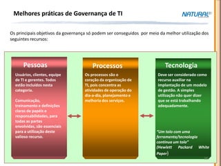Melhores práticas de Governança de TI

Os principais objetivos da governança só podem ser conseguidos por meio da melhor utilização dos
seguintes recursos:




      Pessoas                           Processos                         Tecnologia
  Usuários, clientes, equipe        Os processos são o                 Deve ser considerado como
  de TI e gerentes. Todos           coração da organização de          recurso auxiliar na
  estão incluídos nesta             TI, pois concentra as              implantação de um modelo
  categoria.                        atividades de operação do          de gestão. A simples
                                    dia-a-dia, planejamento e          utilização não quer dizer
  Comunicação,                      melhoria dos serviços.             que se está trabalhando
  treinamento e definições                                             adequadamente.
  claras de papéis e
  responsabilidades, para
  todas as partes
  envolvidas, são essenciais
  para a utilização deste                                             “Um tolo com uma
  valioso recurso.                                                    ferramenta/tecnologia
                                                                      continua um tolo”
                                                                      (Hewlett Packard White
                                                                      Paper)
                                                                                              38
 