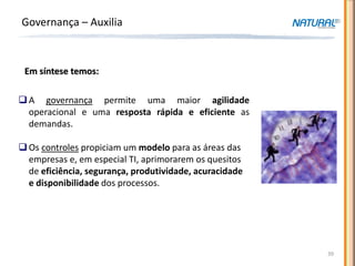 Governança – Auxilia



 Em síntese temos:

 A governança permite uma maior agilidade
  operacional e uma resposta rápida e eficiente as
  demandas.

 Os controles propiciam um modelo para as áreas das
  empresas e, em especial TI, aprimorarem os quesitos
  de eficiência, segurança, produtividade, acuracidade
  e disponibilidade dos processos.




                                                         39
 