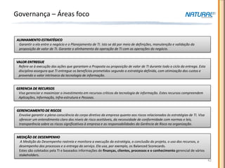 Governança – Áreas foco


ALINHAMENTO ESTRATÉGICO
 Garantir o elo entre o negócio e o Planejamento de TI. Isto se dá por meio de definições, manutenção e validação da
 proposição de valor de TI. Garante o alinhamento da operação de TI com as operações do negócio.


VALOR ENTREGUE
 Refere-se à execução das ações que garantam a Proposta ou proposição de valor de TI durante todo o ciclo da entrega. Esta
 disciplina assegura que TI entregue os benefícios prometidos segundo a estratégia definida, com otimização dos custos e
 provendo o valor intrínseco da tecnologia de informação.


GERENCIA DE RECURSOS
 Visa gerenciar e maximizar o investimento em recursos críticos da tecnologia de informação. Estes recursos compreendem
 Aplicações, Informação, Infra-estrutura e Pessoas.


GERENCIAMENTO DE RISCOS
 Envolve garantir a plena consciência do corpo diretivo da empresa quanto aos riscos relacionados às estratégias de TI. Visa
 oferecer um entendimento claro dos níveis de risco aceitáveis, da necessidade de conformidade com normas e leis,
 transparência sobre os riscos significativos à empresa e as responsabilidades da Gerência de Risco na organização.


MEDIÇÃO DE DESEMPENHO
  A Medição do Desempenho rastreia e monitora a execução da estratégia, a conclusão do projeto, o uso dos recursos, o
 desempenho dos processos e a entrega do serviço. Ela usa, por exemplo, os Balanced Scorecards.
 Estes são coletados pela TI e baseados informações de finanças, clientes, processos e o conhecimento gerencial de vários
 stakeholders.
                                                                                                                               42
 