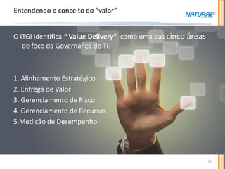 Entendendo o conceito do “valor”


O ITGI identifica “ Value Delivery” como uma das cinco áreas
   de foco da Governança de TI.



1. Alinhamento Estratégico
2. Entrega de Valor
3. Gerenciamento de Risco
4. Gerenciamento de Recursos
5.Medição de Desempenho.




                                                               50
 