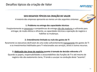 Desafios típicos da criação de Valor


                     SEIS DESAFIOS TÍPICOS DA CRIAÇÃO DE VALOR
           A maioria das empresas apresenta ao menos um dos seguintes sintomas:

                     1. Problema na entrega das capacidades técnicas
 Freqüentemente os processos e competências de entrega não são maduros o suficiente para
     entregar, de modo efetivo e eficiente, as capacidades técnicas a operação do negócio e
                                      habilitar as mudanças.

                     2. Entendimento limitado ou nulo dos gastos de TI
Raramente os executivos desfrutam de uma visão suficientemente transparente dos gastos de TI
     e os investimentos habilitados para TI relacionados aos serviços, ativos e outros recursos.

       3. Abdicação das áreas de negócios quanto à tomada de decisão referente a TI
   Quando os papeis, responsabilidades e accountabilities das funções de TI e até mesmo de
      negócio não são exatamente claras, TI tende a usurpar na condução deste “assento”.




                                                                                                   56
 