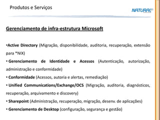 Produtos e Serviços


Gerenciamento de infra-estrutura Microsoft


•Active Directory (Migração, disponibilidade, auditoria, recuperação, extensão
para *NIX)
• Gerenciamento de Identidade e Acessos (Autenticação, autorização,
administração e conformidade)
• Conformidade (Acessos, autoria e alertas, remediação)
• Unified Communications/Exchange/OCS (Migração, auditoria, diagnósticos,
recuperação, arquivamento e discovery)
• Sharepoint (Administração, recuperação, migração, desenv. de aplicações)
• Gerenciamento de Desktop (configuração, segurança e gestão)
 