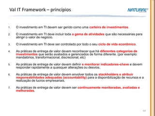 Val IT Framework – princípios


1.   O investimento em TI devem ser gerido como uma carteira de investimentos.

2.   O investimento em TI deve incluir toda a gama de atividades que são necessárias para
     atingir o valor de negócio.

3.   O investimento em TI deve ser controlado por todo o seu ciclo de vida econômico.

4.   As práticas de entrega de valor devem reconhecer que há diferentes categorias de
     investimentos que serão avaliados e gerenciados de forma diferente. (por exemplo:
     mandatórios, transformacional, discrecional, etc)

5.   As práticas de entrega de valor devem definir e monitorar indicadores-chave e devem
     responder rapidamente a quaisquer alterações ou desvios.

6.   As práticas de entrega de valor devem envolver todos os stackholders e atribuir
     responsabilidades adequadas (accountability) para a disponibilização de recursos e a
     realização de lucros empresariais.

7.   As práticas de entrega de valor devem ser continuamente monitoradas, avaliadas e
     melhoradas.




                                                                                            64
 