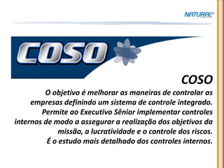 COSO MISSÃO




                                                    COSO
         O objetivo é melhorar as maneiras de controlar as
     empresas definindo um sistema de controle integrado.
        Permite ao Executivo Sênior implementar controles
internos de modo a assegurar a realização dos objetivos da
              missão, a lucratividade e o controle dos riscos.
          É o estudo mais detalhado dos controles internos.
 
