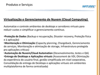 Produtos e Serviços



Virtualização e Gerenciamento de Nuvem (Cloud Computing)

Automatize e controle ambientes de desktops e servidores virtuais para
reduzir custos e simplificar o gerenciamento contínuo.

•Proteção de Dados (Backup e recuperação, Disaster recovery, Proteção física
e à aplicação)
•Monitoração e Otimização (Capacity planning, Chargeback, Gerenciamento
de serviços, Monitoração e otimização de storage, Infraestrutura protegida
pra aplicações críticas)
•Automação de Nuvem/Cloud Automation (Desenvolvimento, testes e QA)
•Entrega de Desktops e Aplicações virtuais (Assessment de VDI, Otimização
da experiência do usuário final, gestão simplificada em nível corporativo,
Consolidação de entrega de Desktops e aplicações virtuais em ambientes
multiplataforma de forma centralizada)
 