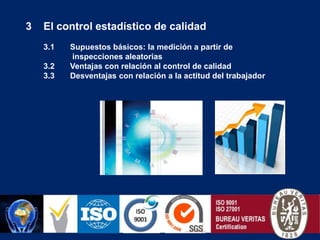 El control estadístico de calidad3.1       Supuestos básicos: la medición a partir de inspecciones aleatorias3.2       Ventajas con relación al control de calidad3.3       Desventajas con relación a la actitud del trabajador