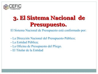 3. El Sistema Nacional de3. El Sistema Nacional de
Presupuesto.Presupuesto.
El Sistema Nacional de Presupuesto está conformado por:
- La Dirección Nacional del Presupuesto Público;
- La Entidad Pública;
- La Oficina de Presupuesto del Pliego.
- El Titular de la Entidad
 