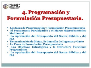 4. Programación y4. Programación y
Formulación Presupuestaria.Formulación Presupuestaria.
• Las fases de Programación y Formulación Presupuestaria
• El Presupuesto Participativo y el Marco Macroeconómico
Multianual
• La Aprobación del Presupuesto del Sector Público y del
PIA
• Determinación de Metas, Estimación de Ingresos y Gasto
• La Fases de Formulación Presupuestaria
• Los Objetivos Estratégicos y la Estructura Funcional
Programática
• La Aprobación del Presupuesto del Sector Público y del
PIA
 