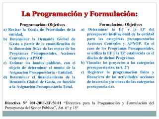 La Programación y Formulación:La Programación y Formulación:
Programación: Objetivos
a) Revisar la Escala de Prioridades de la
entidad.
b) Determinar la Demanda Global de
Gasto a partir de la cuantificación de
la dimensión física de las metas de los
Programas Presupuestales, Acciones
Centrales y APNOP.
c) Estimar los fondos públicos, con el
objeto de determinar el monto de la
Asignación Presupuestaria - Entidad.
d) Determinar el financiamiento de la
Demanda Global de Gasto, en función
a la Asignación Presupuestaria Total.
Formulación: Objetivos
a) Determinar la EF y la EP del
presupuesto institucional de la entidad
para las categorías presupuestarias
Acciones Centrales y APNOP. En el
caso de los Programas Presupuestales,
se utiliza la EF y la EP establecida en el
diseño de dichos Programas.
b) Vincular los proyectos a las categorías
presupuestarias. (art. 2º)
c) Registrar la programación física y
financiera de las actividades/ acciones
de inversión y/u obras de las categorías
presupuestarias.
Directiva N° 001-2011-EF/50.01 “Directiva para la Programación y Formulación del
Presupuesto del Sector Público”, Art. 6° y 15°
 