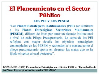 El Planeamiento en el SectorEl Planeamiento en el Sector
PúblicoPúblico
LOS PEI Y LOS PESEM
“Los Planes Estratégicos Institucionales (PEI) son similares
a los Planes Estratégicos Sectoriales Multianuales
(PESEM), difieren de éstos por tener un alcance institucional
a nivel de cada Pliego Presupuestario. La suma de los PEI
reflejará con mayor detalle los objetivos estratégicos
contemplados en los PESEM y responden a la manera como el
pliego presupuestario aporta en alcanzar las metas que se ha
fijado el sector al cual pertenece”.
DGPM-MEF: (2001) Planeamiento Estratégico en el Sector Público: “Formulación de
los Planes Estratégicos Institucionales 2002 -2006”
 