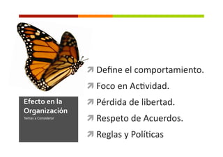   Deﬁne	
  el	
  comportamiento.	
  
                                 Foco	
  en	
  Ac0vidad.	
  
Efecto	
  en	
  la	
             Pérdida	
  de	
  libertad.	
  
Organización	
  
Temas	
  a	
  Considerar	
       Respeto	
  de	
  Acuerdos.	
  
                                 Reglas	
  y	
  Polí0cas	
  
 