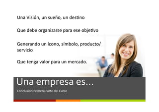 Una	
  Visión,	
  un	
  sueño,	
  un	
  des0no	
  

Que	
  debe	
  organizarse	
  para	
  ese	
  obje0vo	
  

Generando	
  un	
  ícono,	
  símbolo,	
  producto/
servicio	
  

Que	
  tenga	
  valor	
  para	
  un	
  mercado.	
  



Una	
  empresa	
  es…	
  
Conclusión	
  Primera	
  Parte	
  del	
  Curso	
  
 