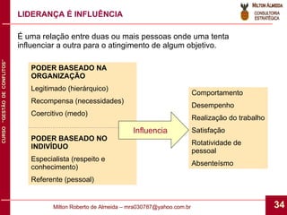 LIDERANÇA É INFLUÊNCIA É uma relação entre duas ou mais pessoas onde uma tenta influenciar a outra para o atingimento de algum objetivo. PODER BASEADO NA ORGANIZAÇÃO Legitimado (hierárquico) Recompensa (necessidades) Coercitivo (medo) PODER BASEADO NO INDIVÍDUO Especialista (respeito e conhecimento) Referente (pessoal) Comportamento Desempenho Realização do trabalho Satisfação Rotatividade de pessoal Absenteísmo Influencia 