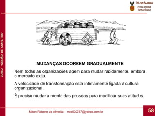 MUDANÇAS OCORREM GRADUALMENTE Nem todas as organizações agem para mudar rapidamente, embora o mercado exija. A velocidade de transformação está intimamente ligada à cultura organizacional. É preciso mudar a mente das pessoas para modificar suas atitudes. 
