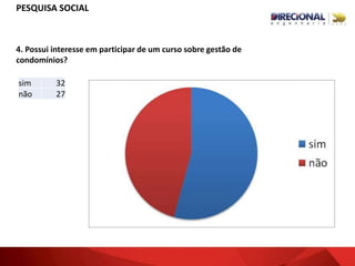 4. Possui interesse em participar de um curso sobre gestão de
condomínios?
sim 32
não 27
PESQUISA SOCIAL
 